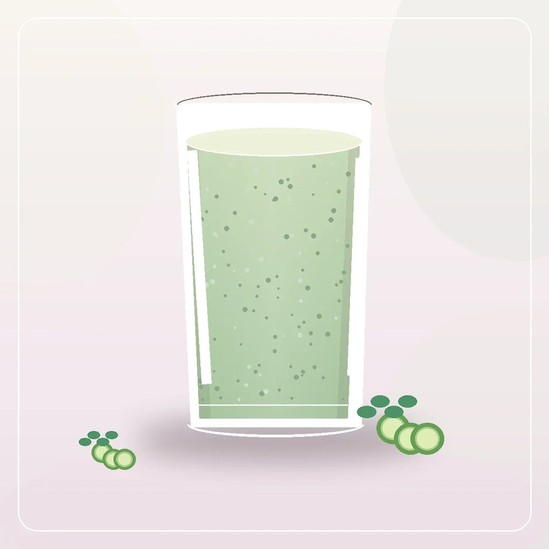 Illustration of a cucumber mint yogurt smoothie with cucumber and mint leaves