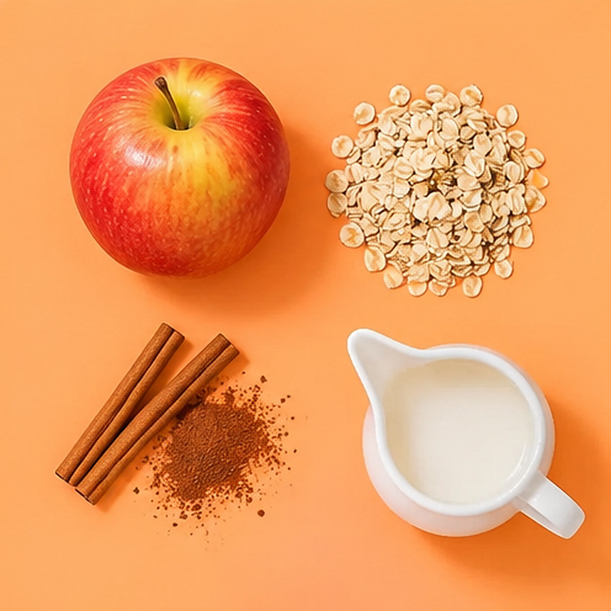 Flat-lay of apple, oats, cinnamon and milk on a pastel orange background