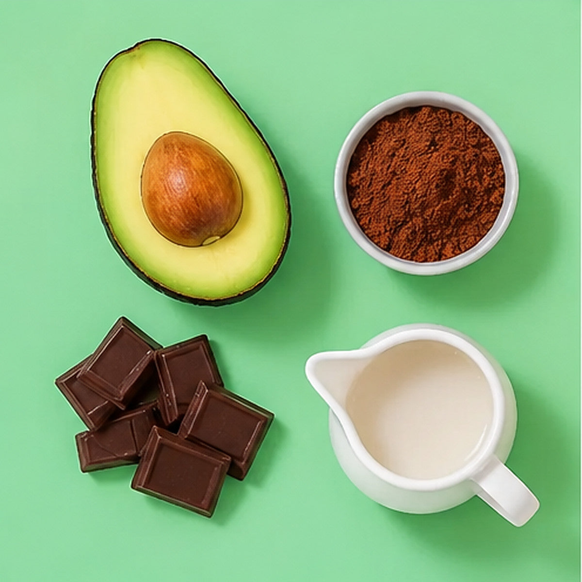 Flat-lay of avocado, cocoa powder, dark chocolate and milk on a pastel green background