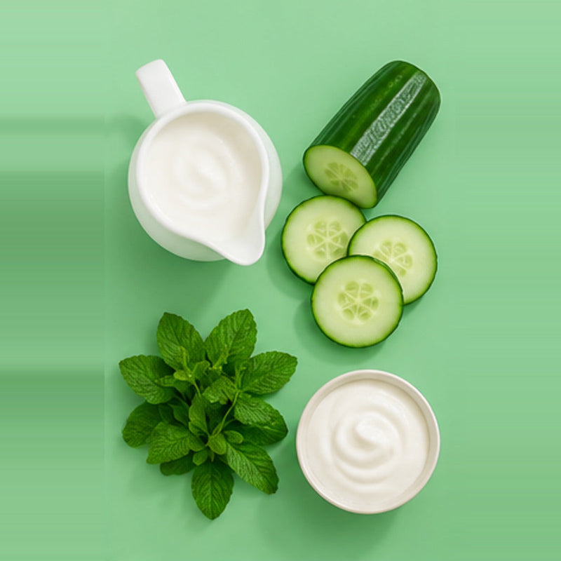 Cucumber mint yogurt smoothie ingredients: cucumber slices, fresh mint, yogurt and milk against a mint green background
