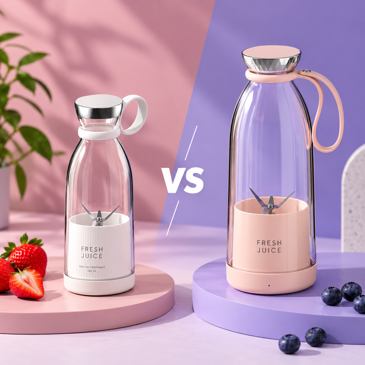 White Smothie 350ml compact blender beside the pink Smothie Plus 500ml on pastel comparison pedestals, with a VS graphic