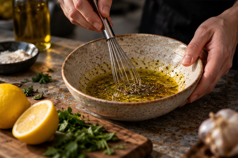 Hands whisking a fresh lemon and herb dressing in a ceramic bowl