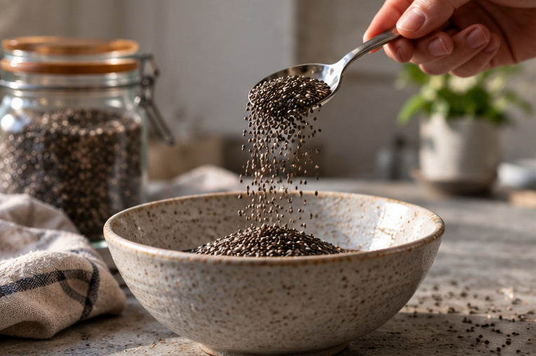 Chia seeds falling from a spoon into a ceramic bowl