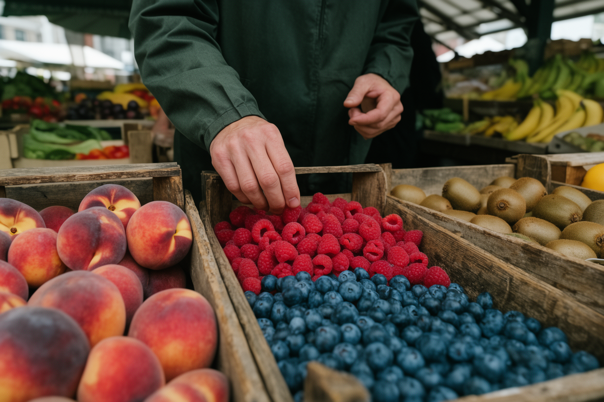 Fresh berries, peaches and kiwi at a fruit market without bananas