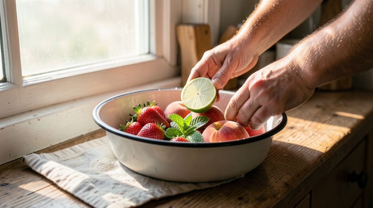 Fresh unfrozen strawberries and peaches being prepared in a kitchen