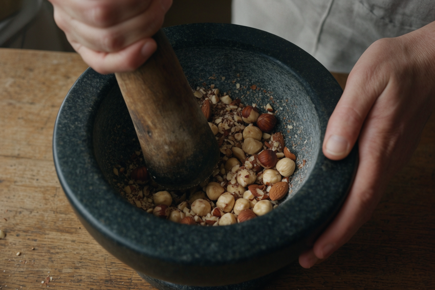 Hazelnuts and almonds being prepared in a mortar on a wooden kitchen table