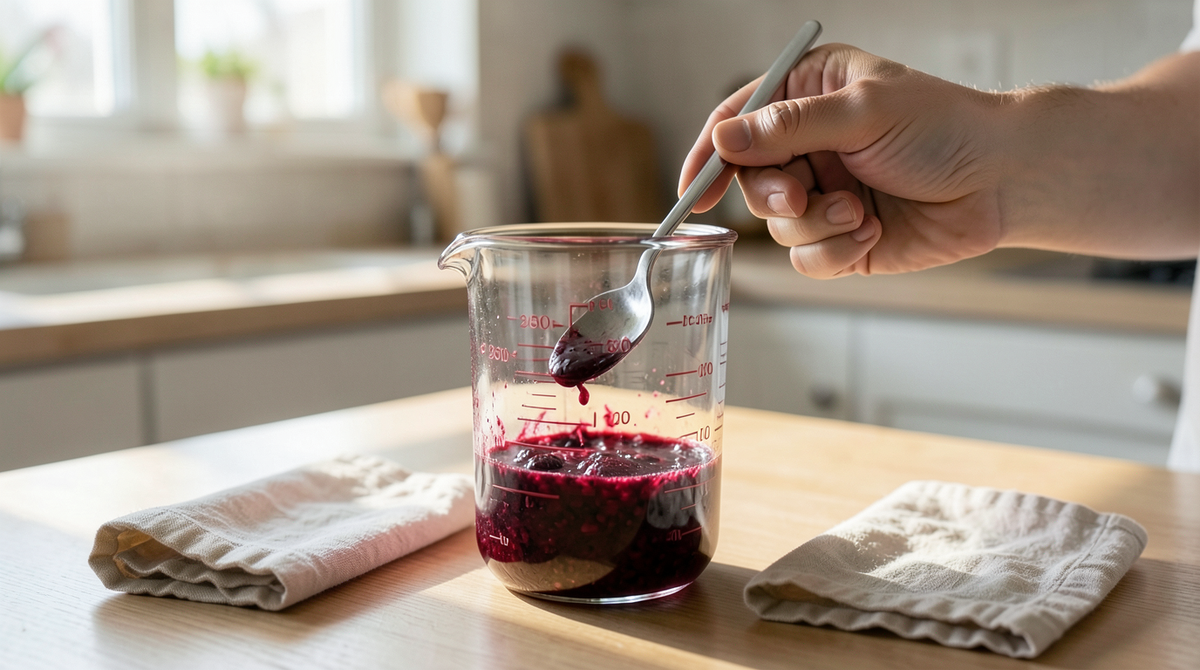 Small portion of smoothie being measured in a graduated glass jug