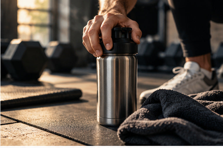 Stainless steel protein shaker on the floor beside gym equipment