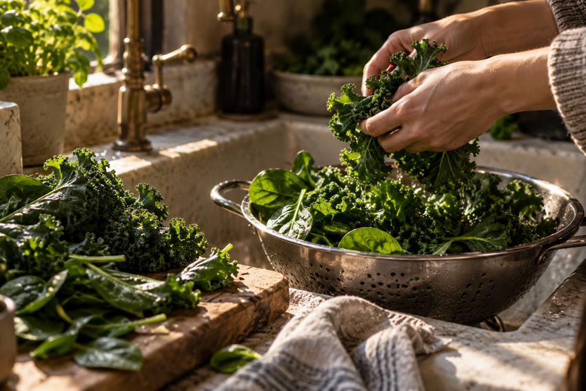Hands washing fresh spinach and kale in a kitchen colander