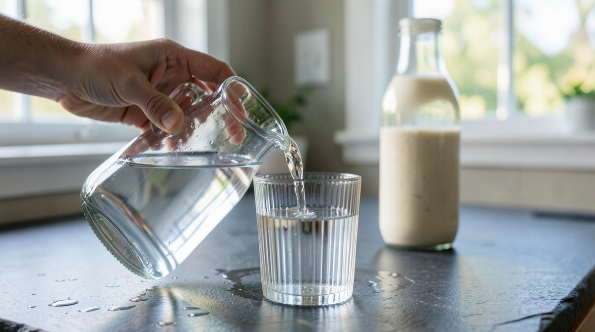 Clear water being poured into a drinking glass in a home kitchen